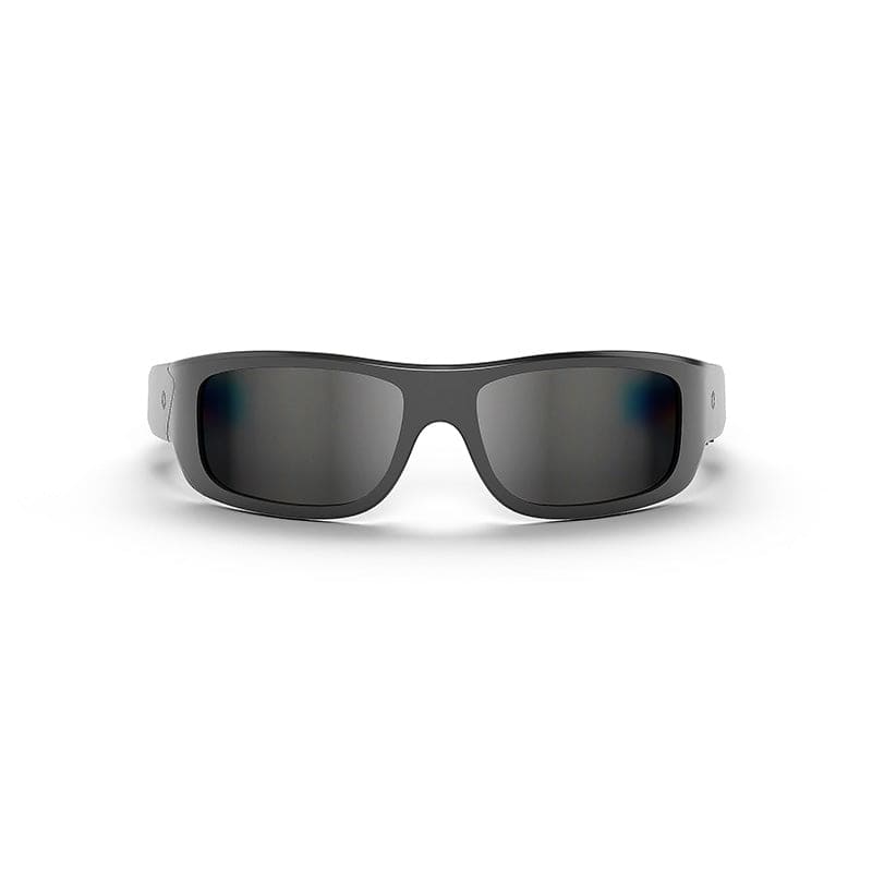 Front view of Lucyd Armor | Black Polarized sunglasses by Lucyd, featuring thick black rectangular frames and ANSI Z87.1-certified tactical-grade protection, displayed on a white background.