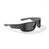 Lucyd Armor | Black Polarized by Lucyd: Sport-style sunglasses with wraparound black polarized lenses and textured arms provide tactical-grade protection, displayed on a white background.