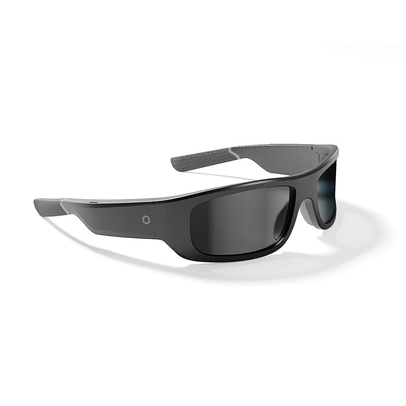 Lucyd Armor | Black Polarized by Lucyd: Sport-style sunglasses with wraparound black polarized lenses and textured arms provide tactical-grade protection, displayed on a white background.