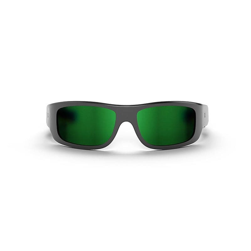 The Lucyd Armor | Green Mirror Polarized sunglasses by Lucyd feature large, rectangular black wraparound frames and green mirror polarized lenses, displayed facing forward on a white background.