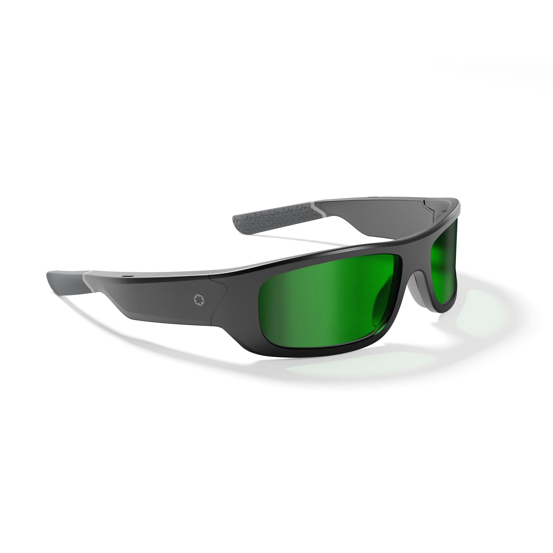 Lucyd Armor | Green Mirror Polarized by Lucyd: black wraparound ANSI Z87.1 safety glasses with green mirror polarized lenses and textured gray padding on the inner arms, shown on a white background.
