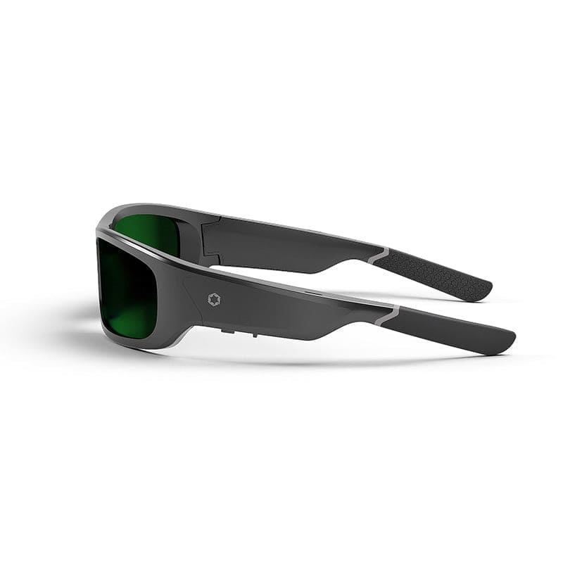 The Lucyd Armor | Green Mirror Polarized audio sunglasses by Lucyd feature a sleek black frame, green mirror polarized lenses, and a bold, angular design, shown lying on their side against a white background.