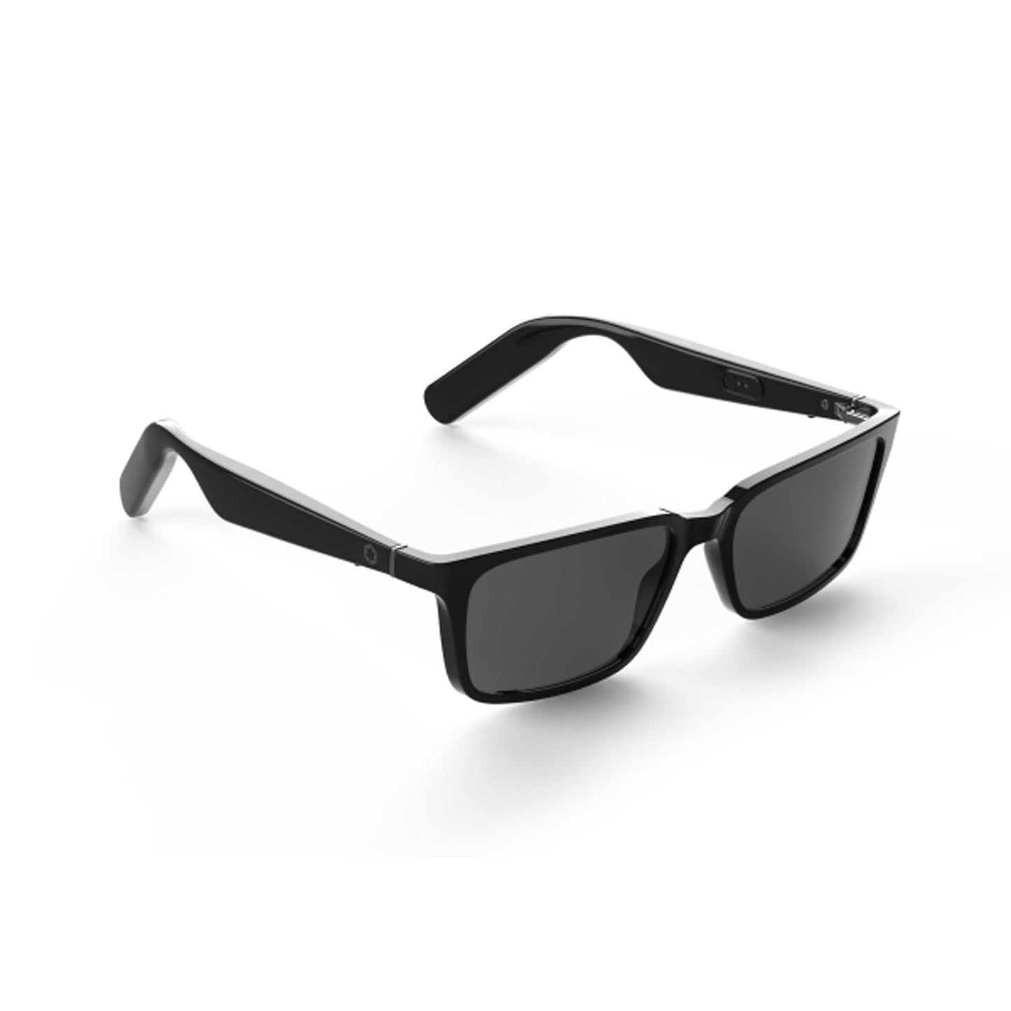 The Lucyd Darkside sunglasses feature a black rectangular frame, dark lenses, and angled arms with a built-in control button. These Bluetooth audio glasses combine style and tech, shown here on a white background.
