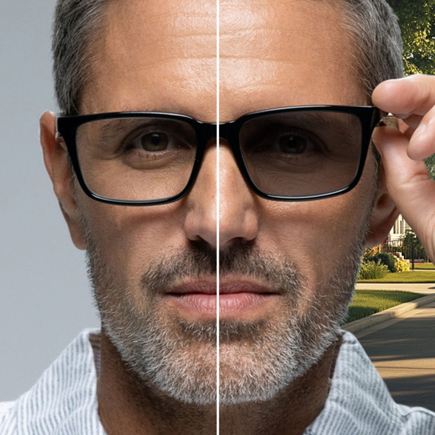 A split-image shows a middle-aged man with glasses and salt-and-pepper stubble; on the left is a plain gray background, while on the right he adjusts his Lucyd Darkside Bluetooth audio sunglasses outdoors on a suburban street.