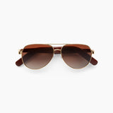 The Lucyd XL Jupiter XXL are aviator-style Bluetooth audio sunglasses with gold metal frames, polarized brown gradient lenses, and noise-canceling mics, shown against a plain white background.