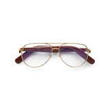 The Lucyd XL Jupiter XXL features aviator-style eyeglasses with thin gold metal frames, brown plastic arms, and polarized lenses, shown from the front on a white background.