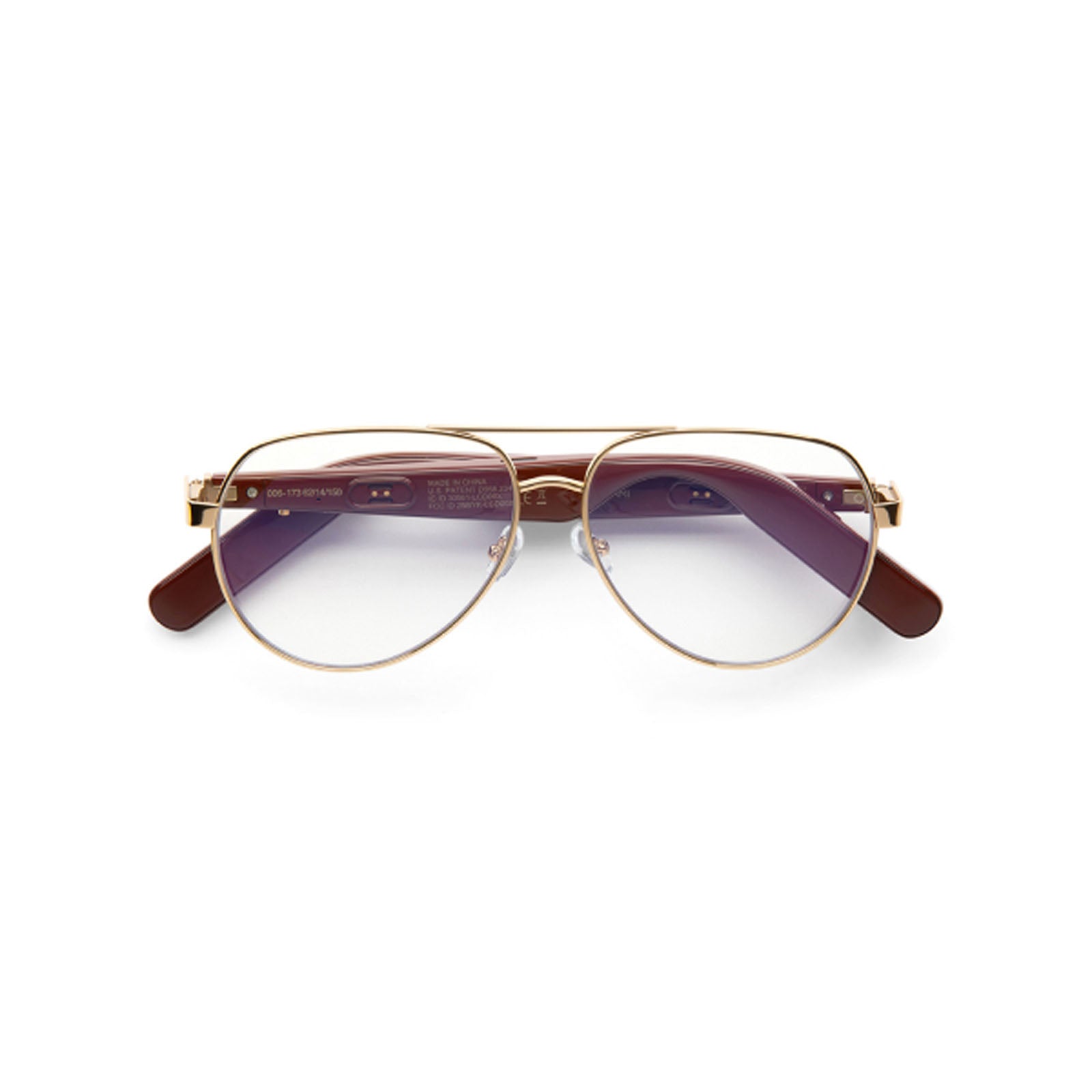 The Lucyd XL Jupiter XXL features aviator-style eyeglasses with thin gold metal frames, brown plastic arms, and polarized lenses, shown from the front on a white background.