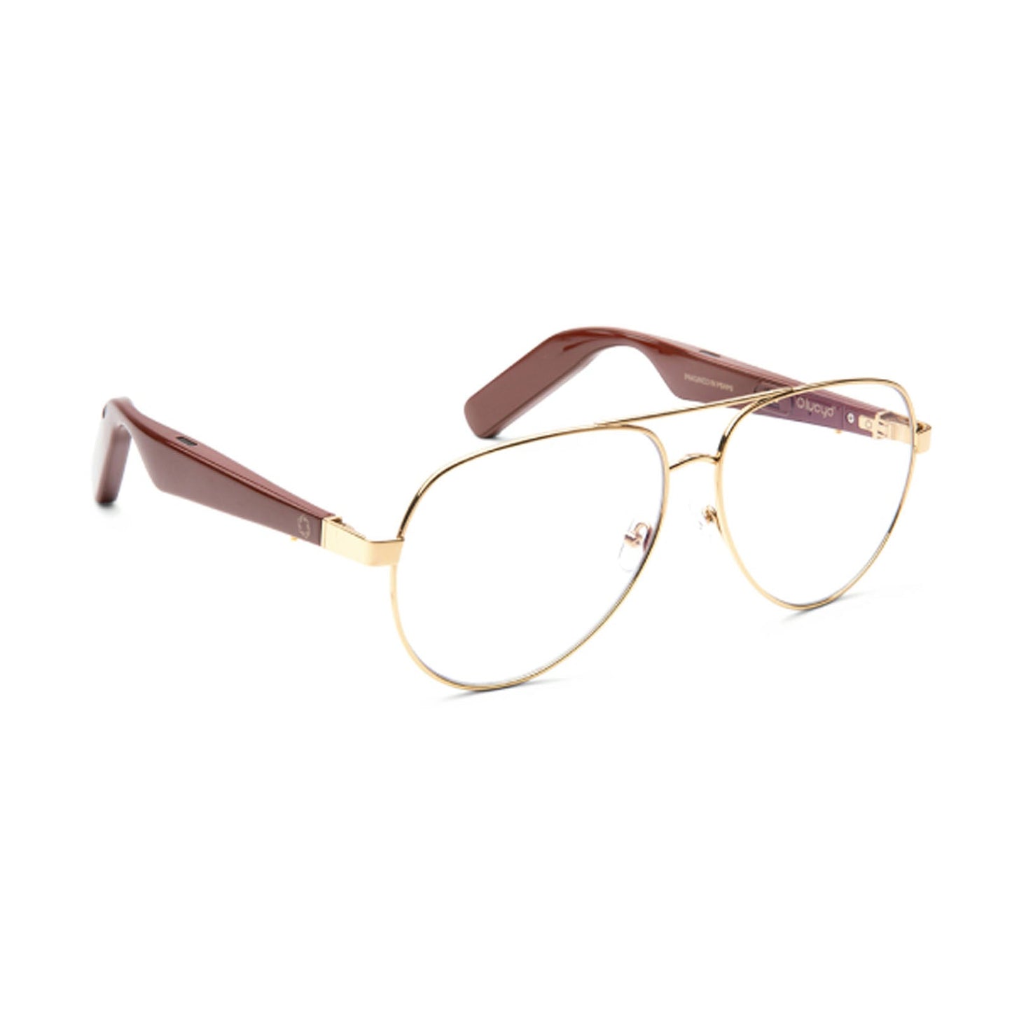 The Lucyd XL Jupiter XXL features gold-rimmed aviator-style frames with clear polarized lenses and wide, dark reddish-brown arms, displayed on a white background.