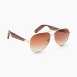 The Lucyd XL Jupiter XXL aviator Bluetooth audio sunglasses feature gold metal frames, brown gradient lenses, and dark brown plastic arms, shown on a white background.