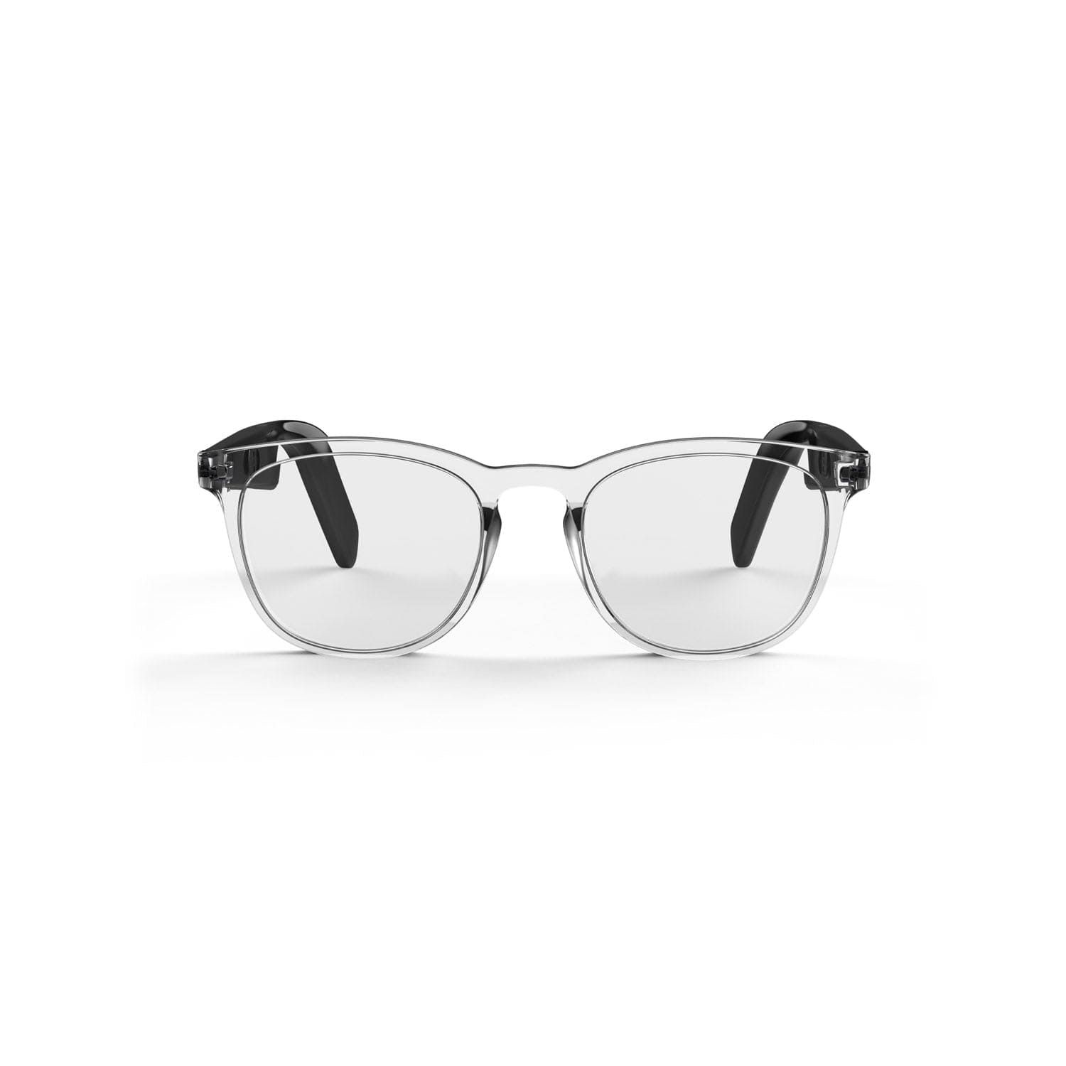 Moonbeam by Lucyd: clear-framed smart glasses with black temple arms, shown front-facing on a white background. Pair with the Lucyd AI app for enhanced features.