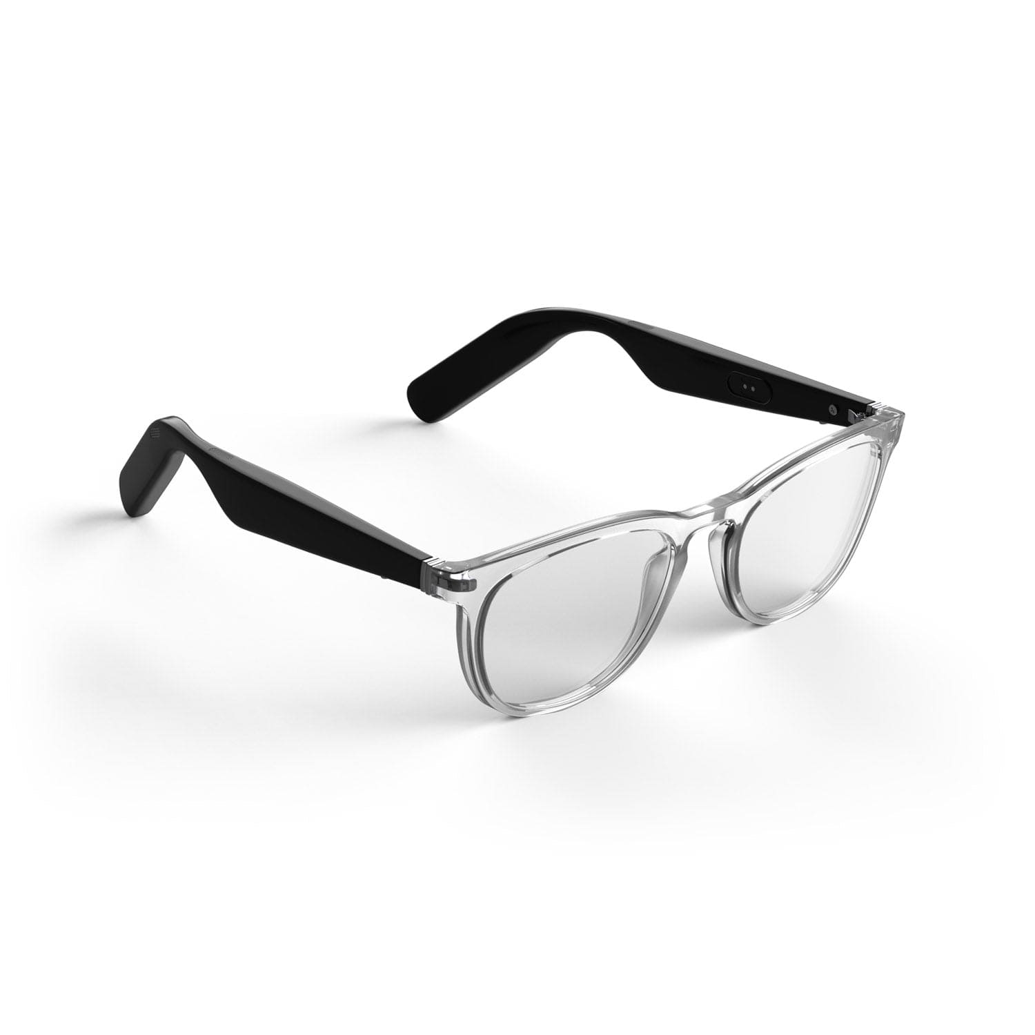 The Lucyd Moonbeam smart glasses feature clear lenses, transparent frames, and thick black arms, shown on a white background.