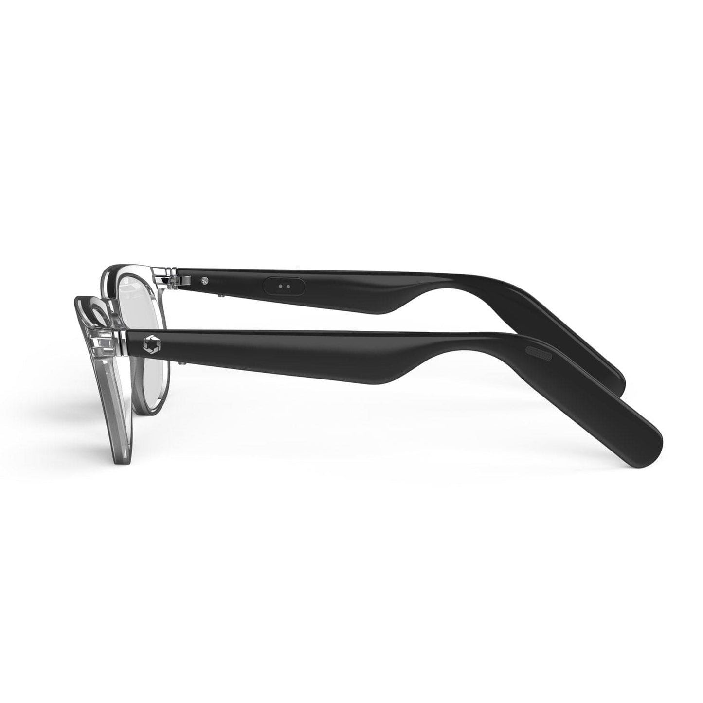 The Lucyd Moonbeam is a pair of black smart glasses with photochromic lenses.
